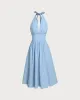 Blue Halter Pleated Midi Dress sold by rihoas