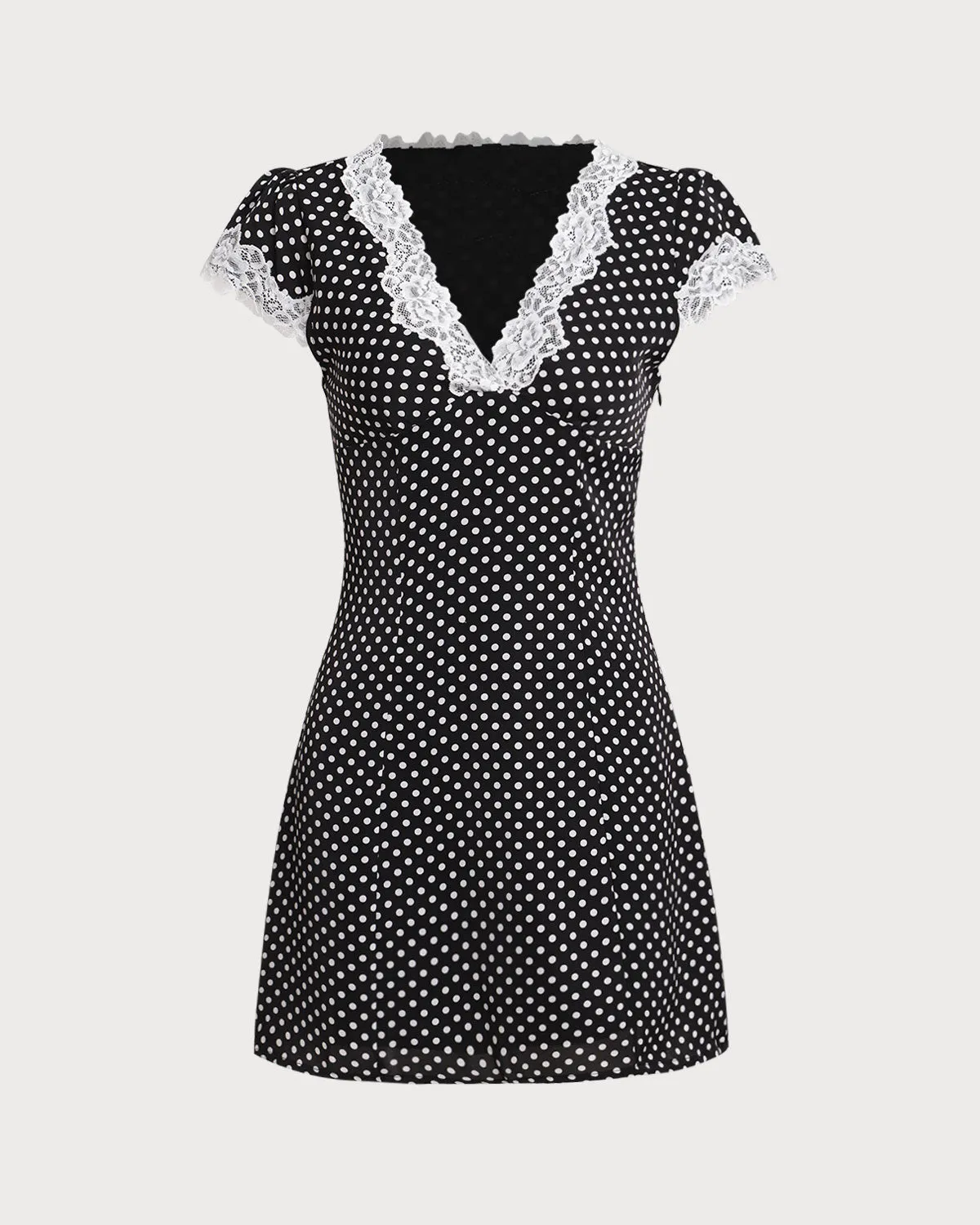 Black Polka Dot V Neck Lace Mini Dress sold by rihoas