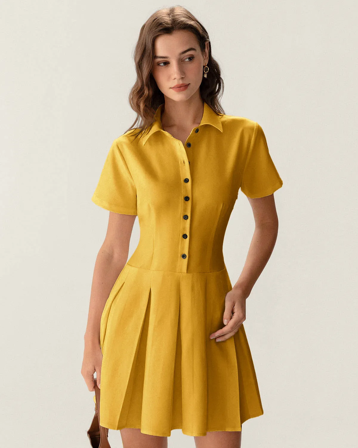 Yellow Button Pleated Mini Dress sold by rihoas