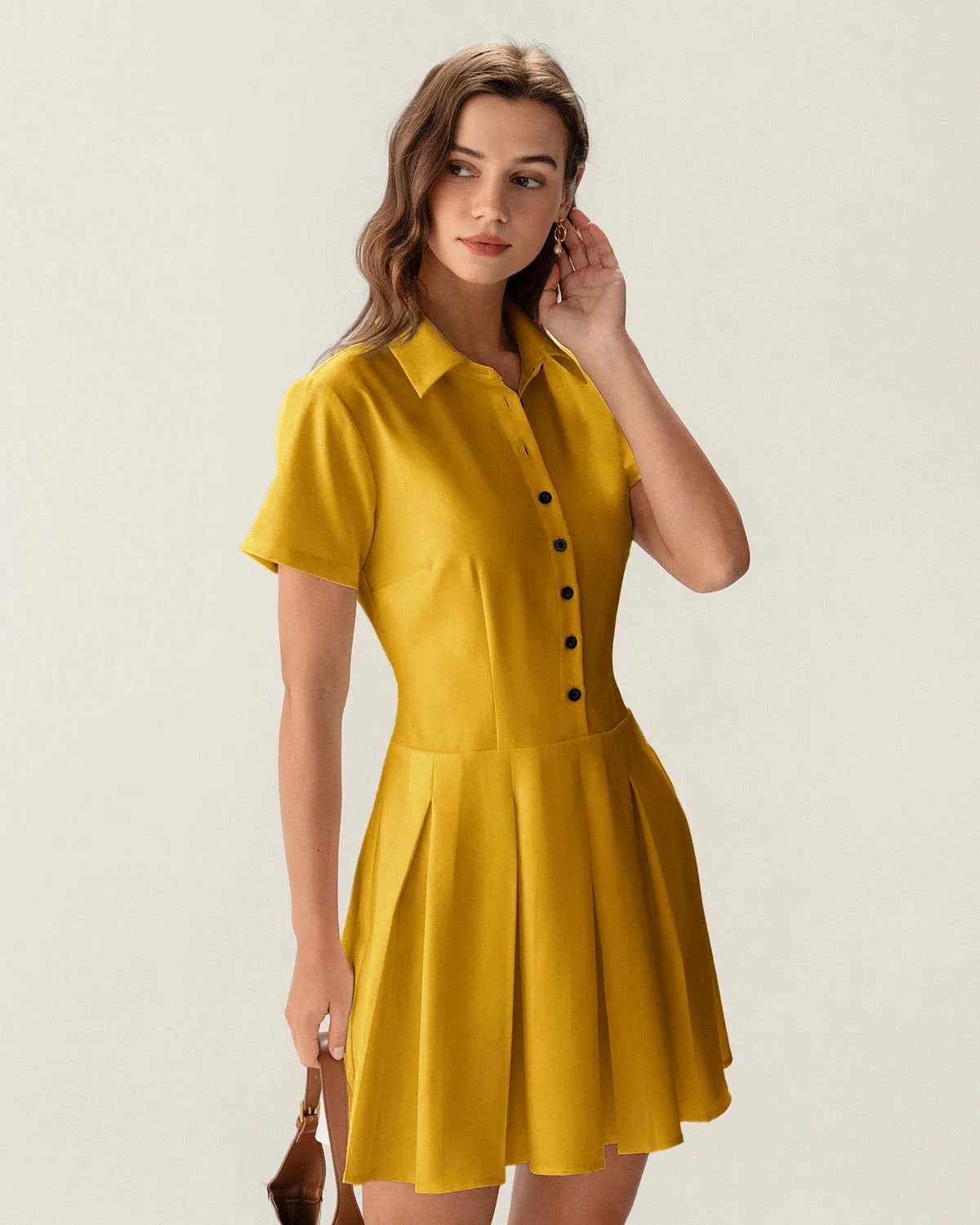 Yellow Button Pleated Mini Dress sold by rihoas product image thumbnail 4