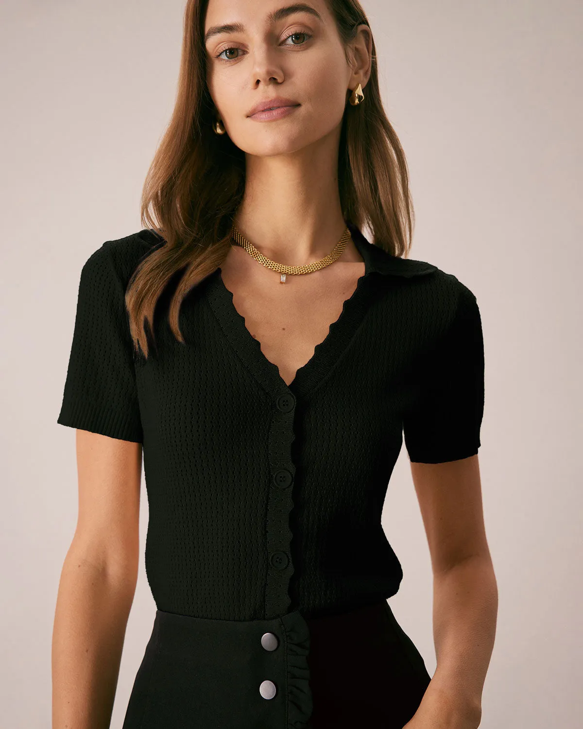 Black V Neck Button Pointelle Knit Tee sold by rihoas product image thumbnail 3