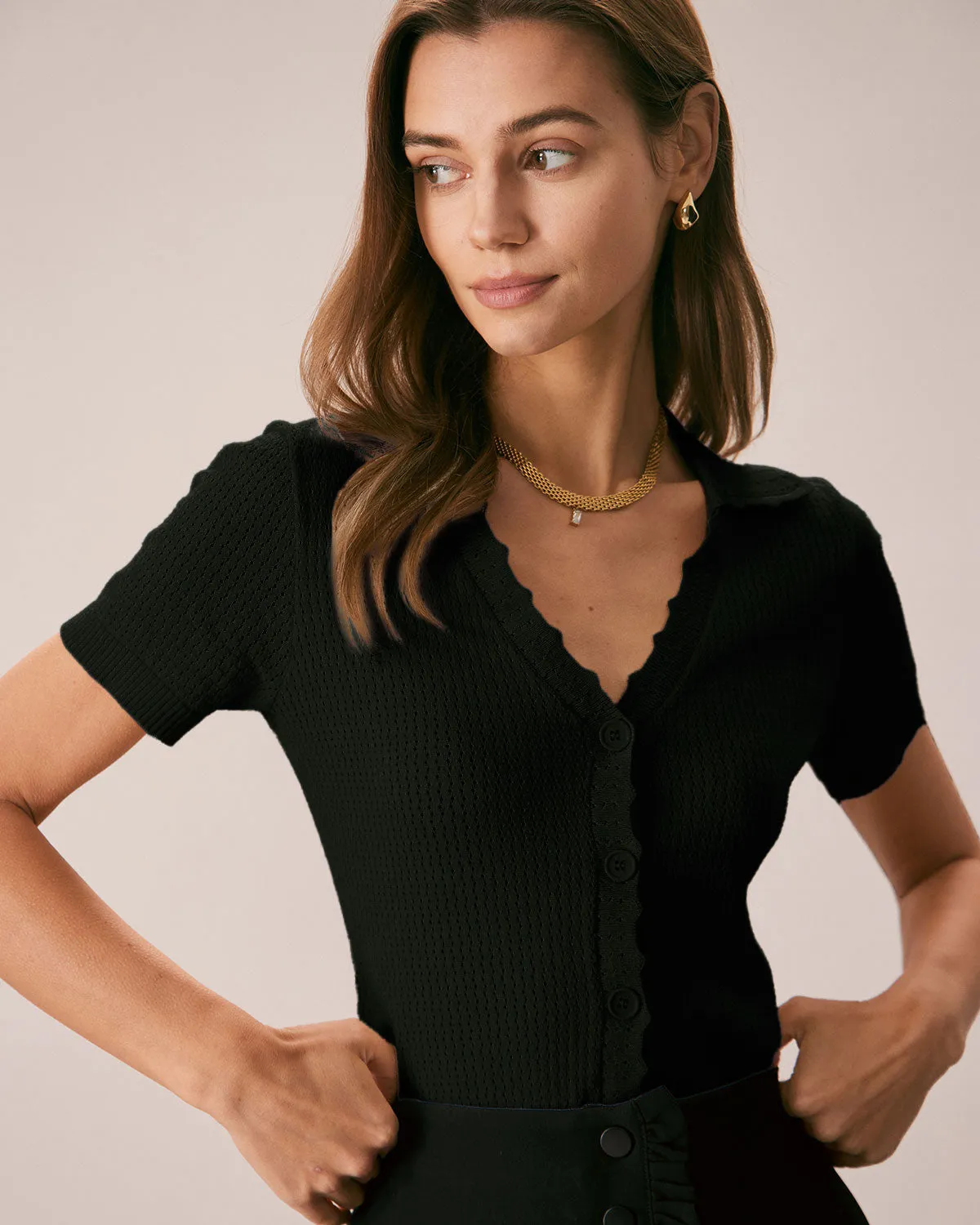 Black V Neck Button Pointelle Knit Tee sold by rihoas