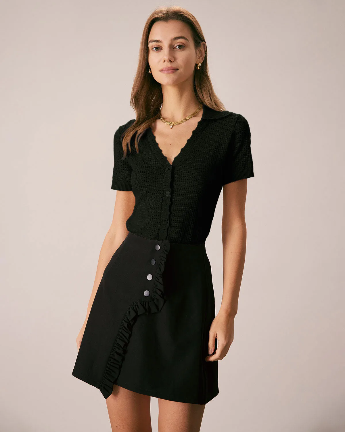 Black V Neck Button Pointelle Knit Tee sold by rihoas product image thumbnail 4