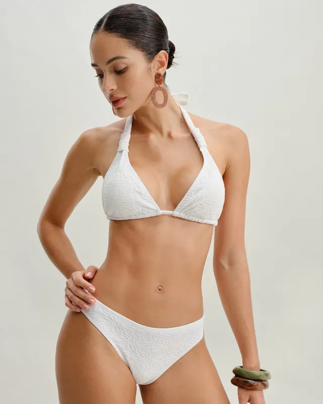White Textured Halter Triangle Bikini Set sold by rihoas