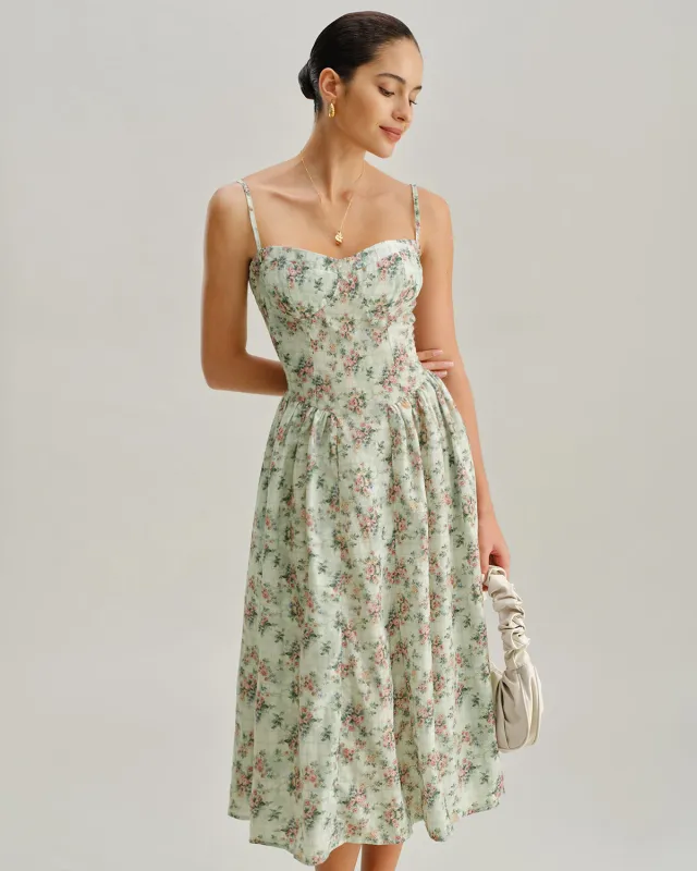Green Floral Sweetheart Neck Pleated Slip Midi Dress sold by rihoas