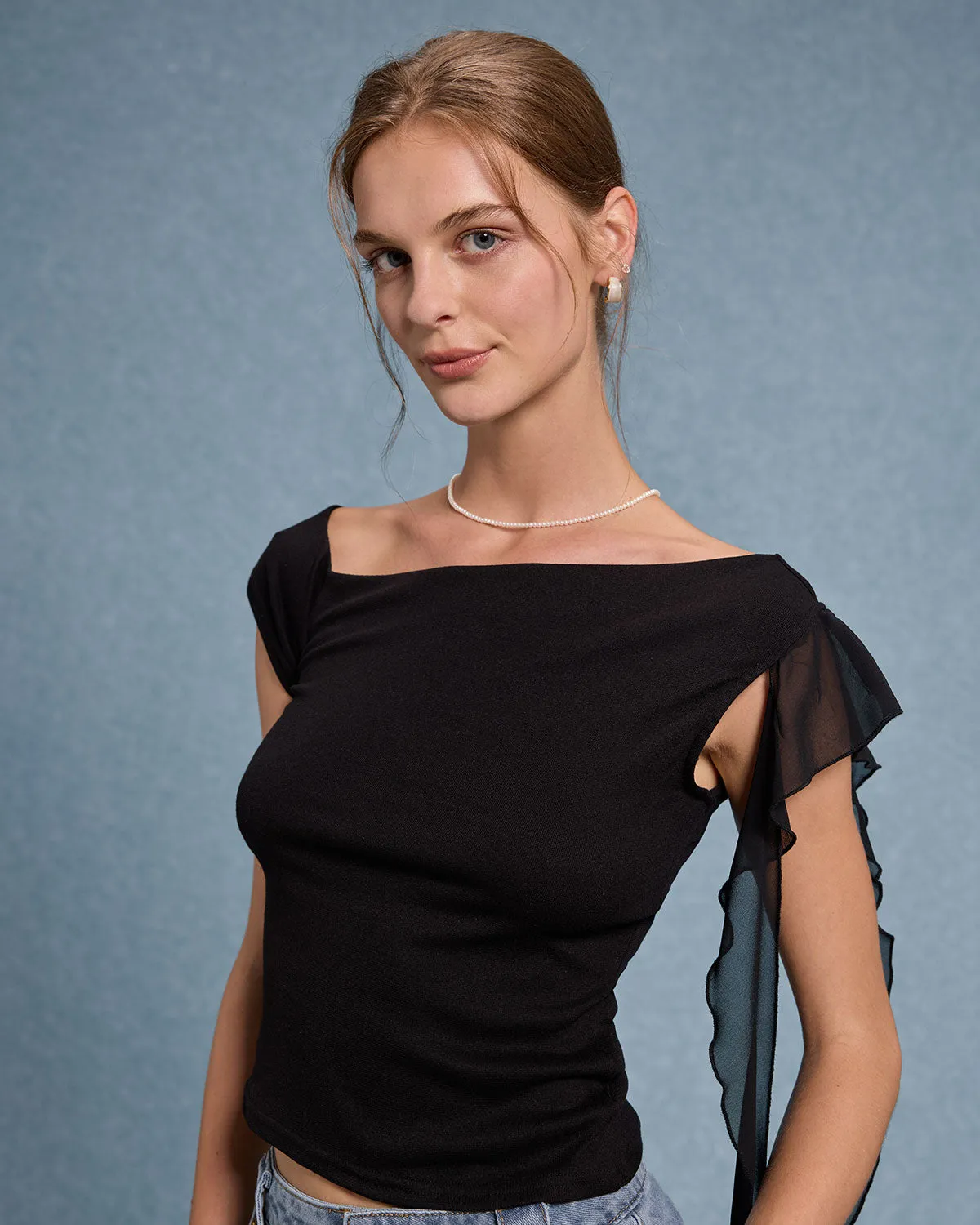 Black Ruffle Asymmetrical Tee sold by rihoas