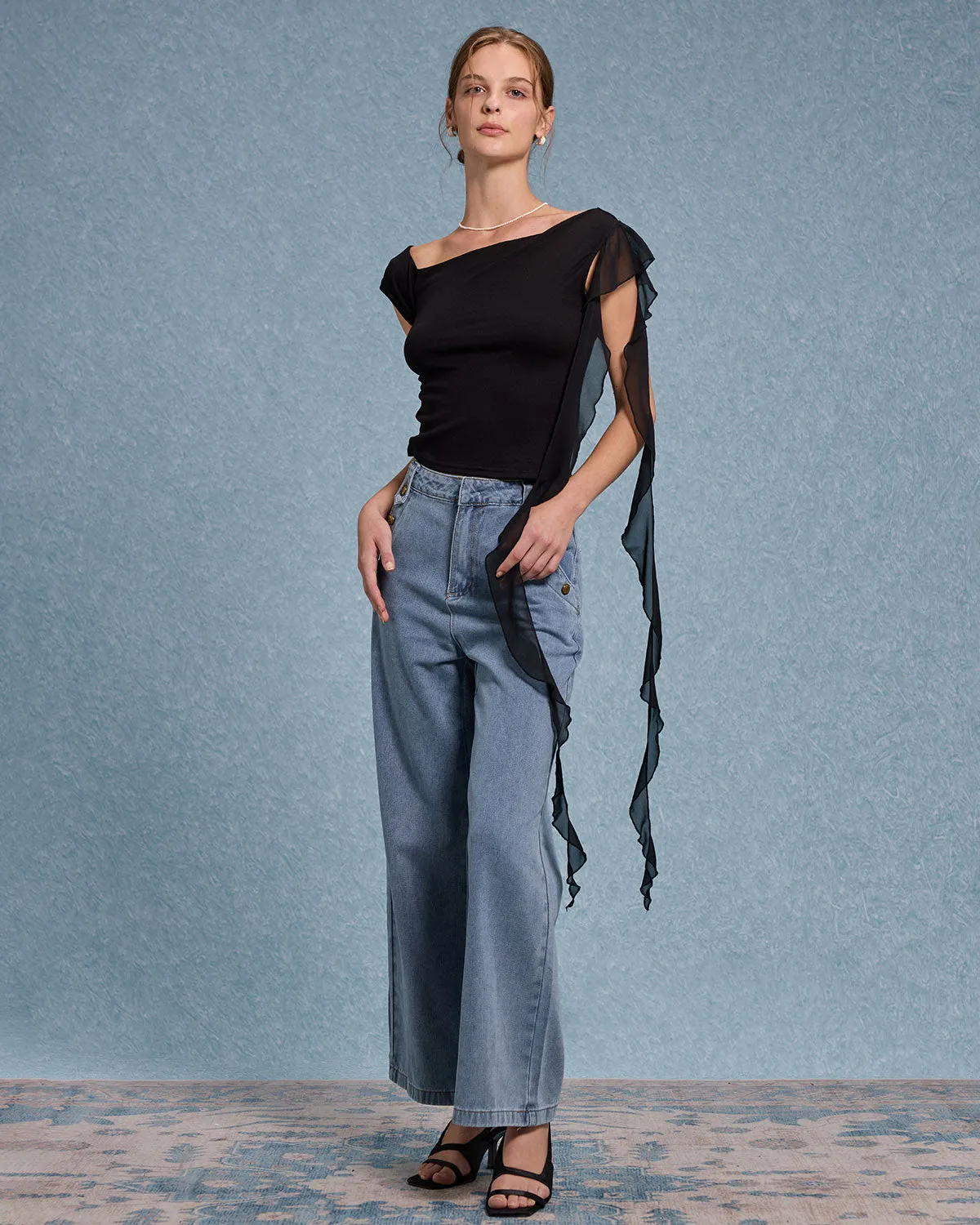 Black Ruffle Asymmetrical Tee sold by rihoas product image thumbnail 3
