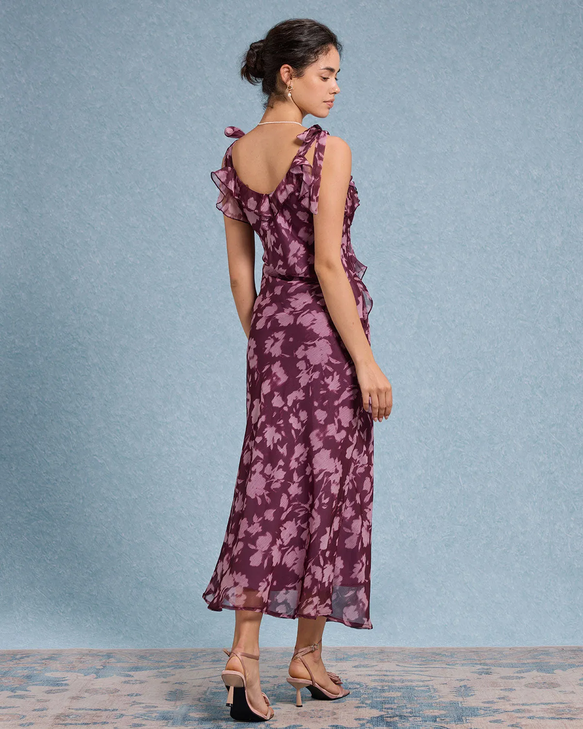 Purple Floral Ruffle Tie Strap Maxi Dress sold by rihoas product image thumbnail 4