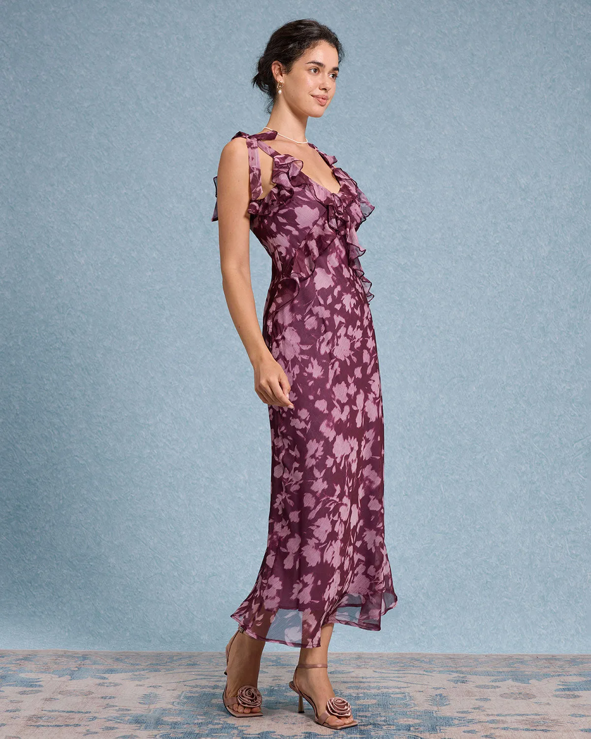 Purple Floral Ruffle Tie Strap Maxi Dress sold by rihoas product image thumbnail 3