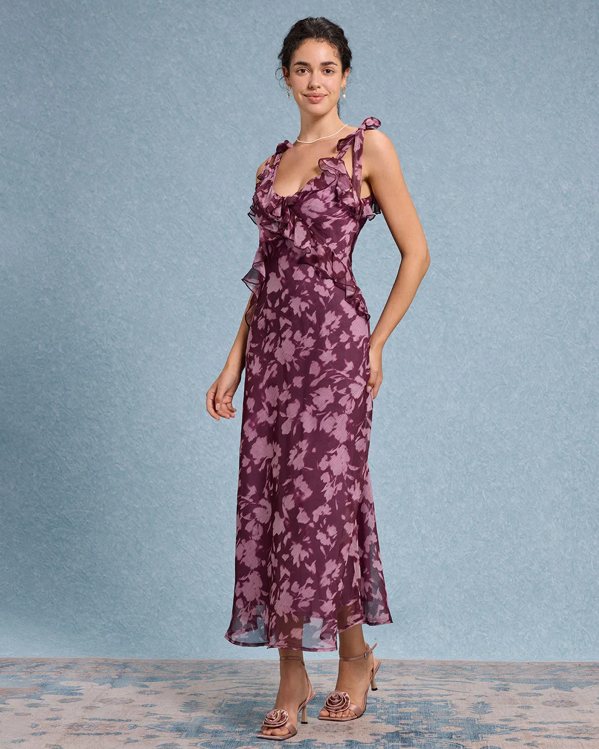 Purple Floral Ruffle Tie Strap Maxi Dress sold by rihoas