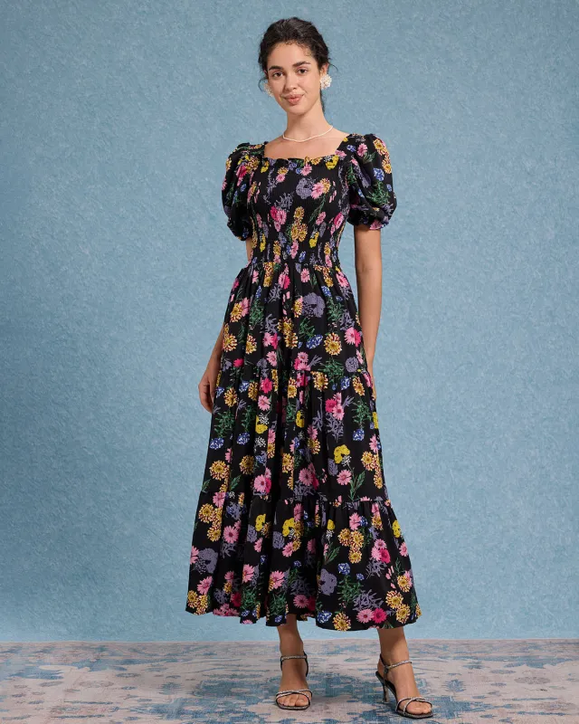 Black Floral Square Neck Shirred Maxi Dress sold by rihoas