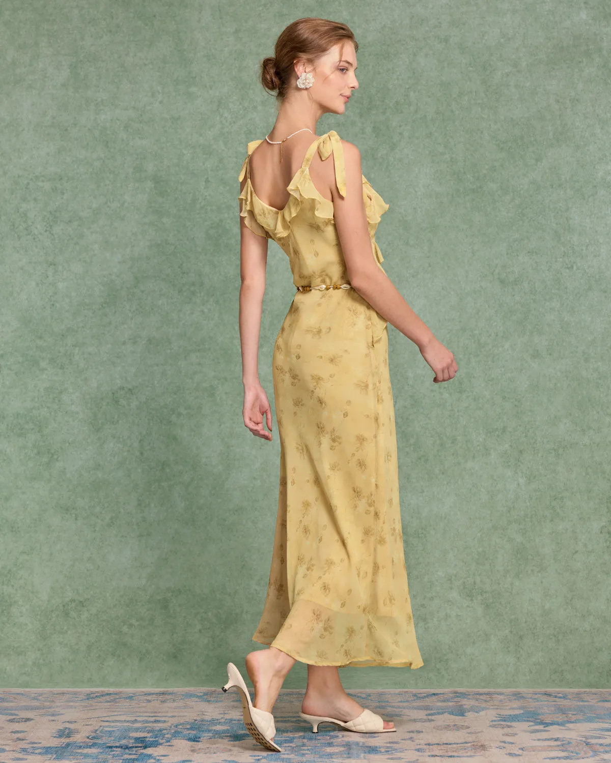 Yellow Floral Chiffon Tie Strap Maxi Dress sold by rihoas product image thumbnail 4