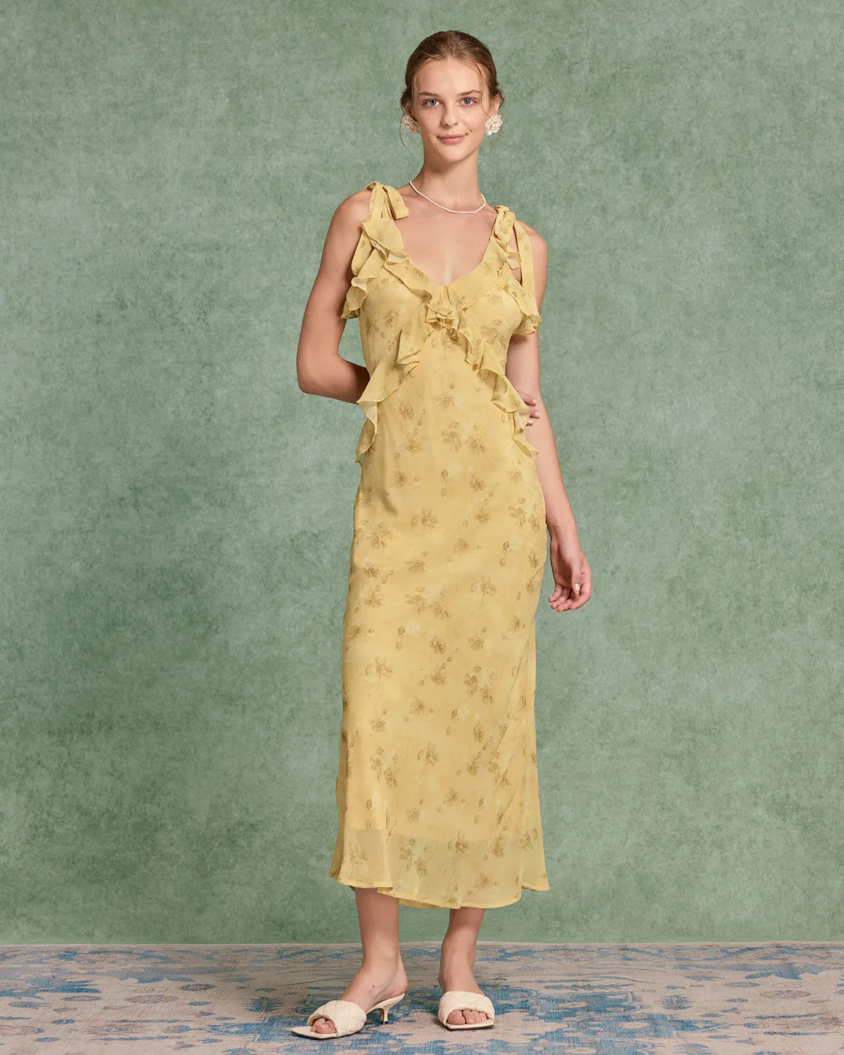 Yellow Floral Chiffon Tie Strap Maxi Dress sold by rihoas product image thumbnail 3