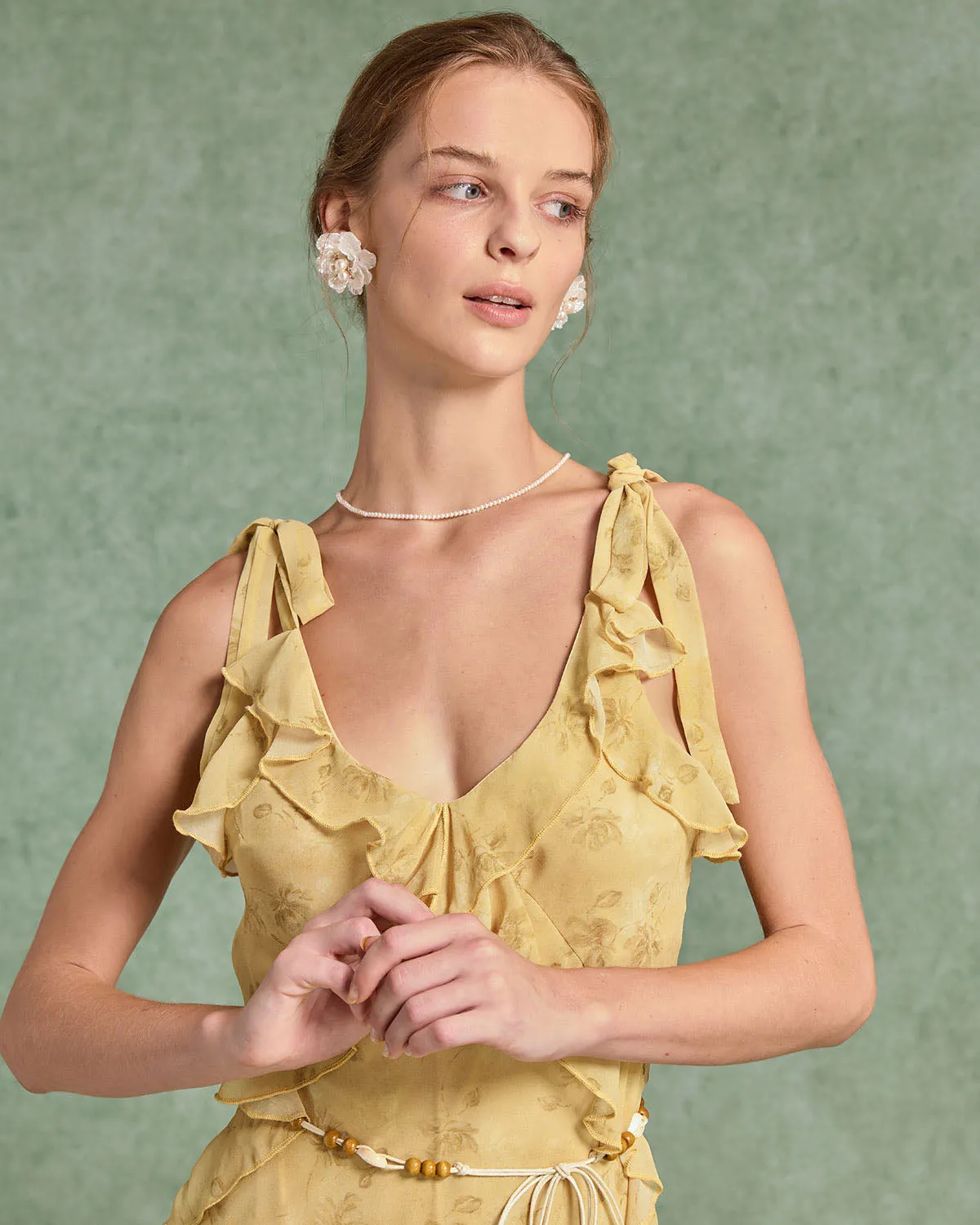 Yellow Floral Chiffon Tie Strap Maxi Dress sold by rihoas product image thumbnail 2