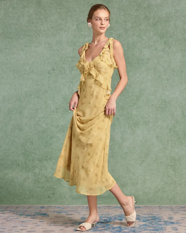 Yellow Floral Chiffon Tie Strap Maxi Dress sold by rihoas