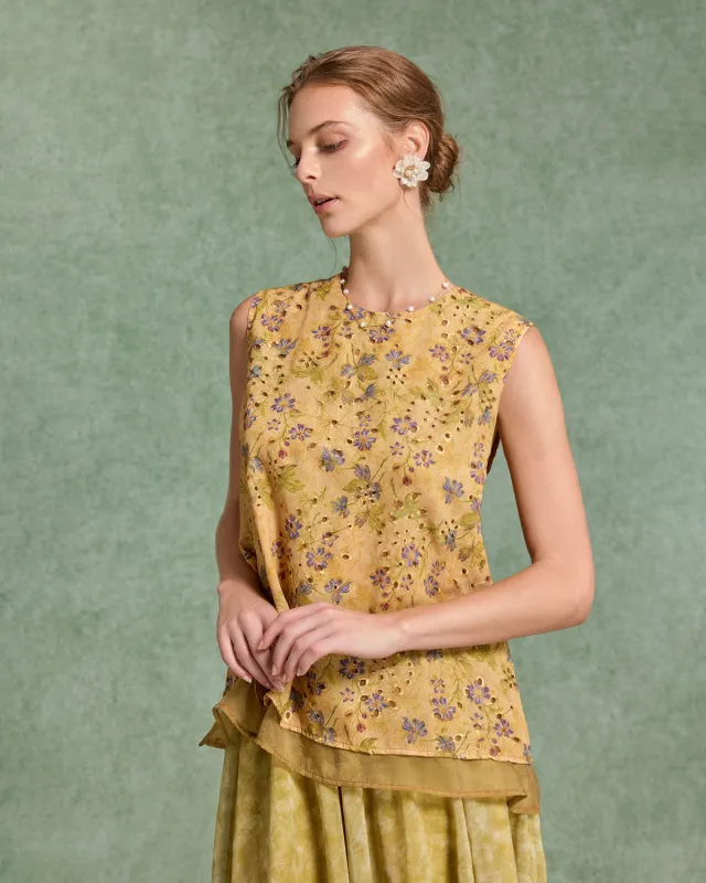 Yellow Floral Round Neck Chiffon Tank Top sold by rihoas