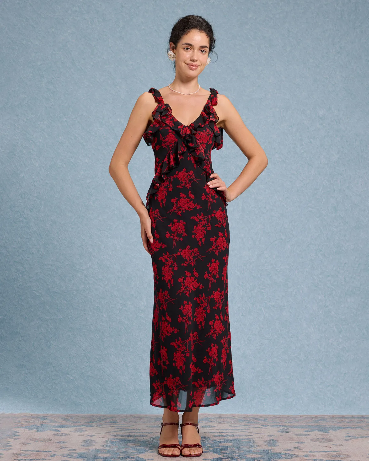 Black Floral Chiffon Slip Maxi Dress sold by rihoas