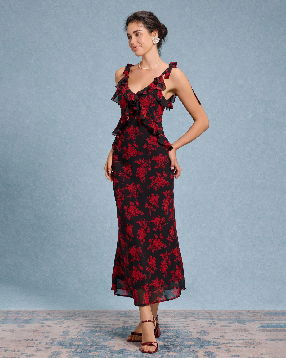 Black Floral Chiffon Slip Maxi Dress sold by rihoas product image thumbnail 4