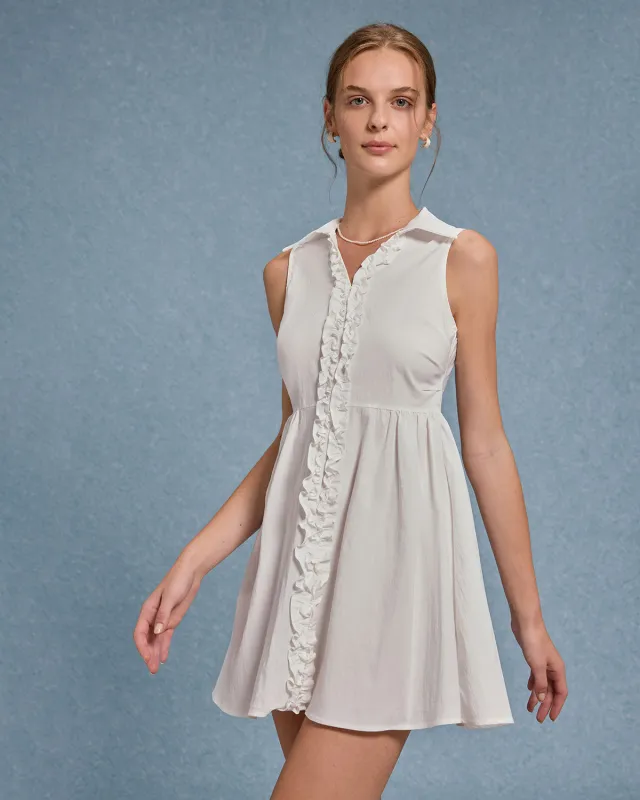 White V Neck Ruffle Sleeveless Mini Dress sold by rihoas