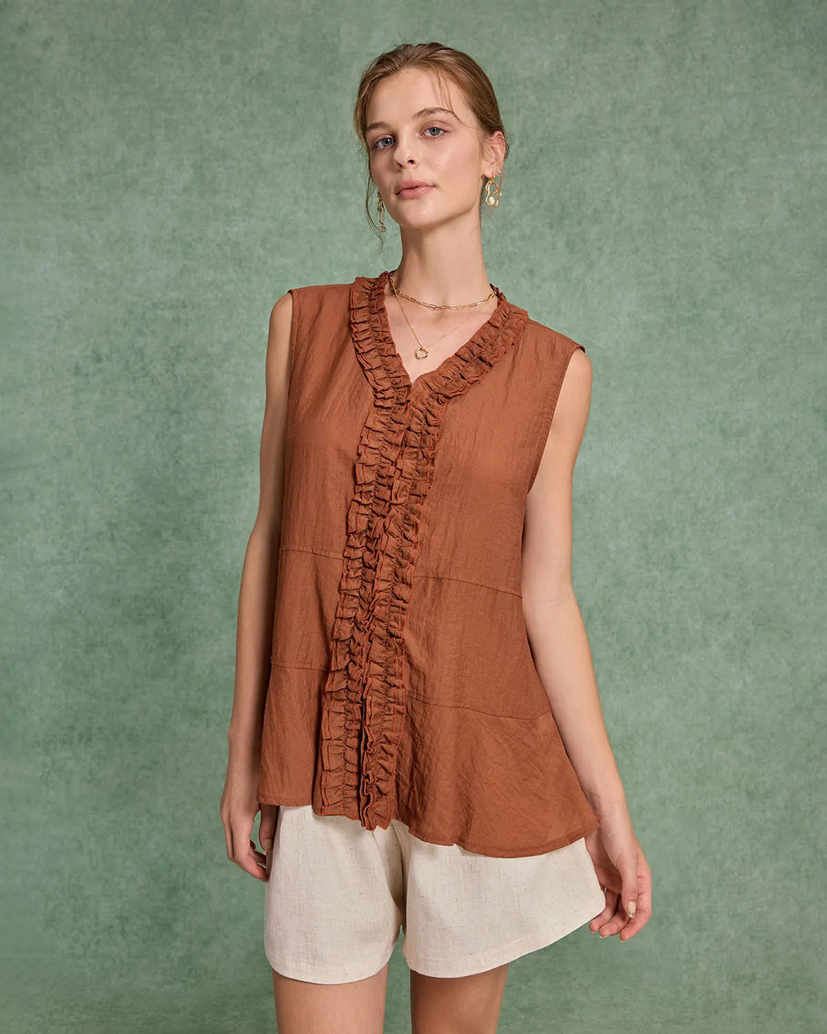 Brown V Neck Ruffle Tank Top sold by rihoas
