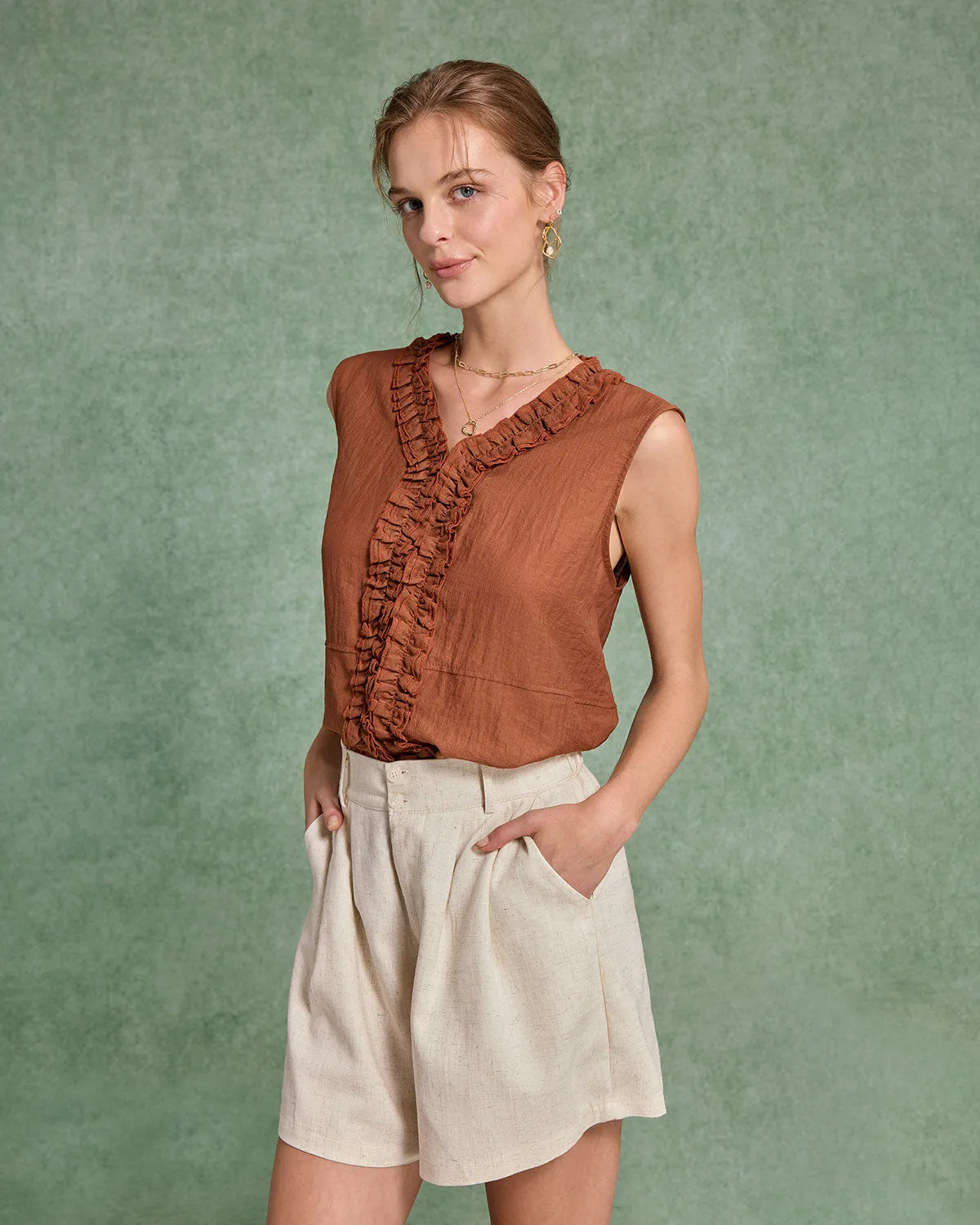 Brown V Neck Ruffle Tank Top sold by rihoas product image thumbnail 2