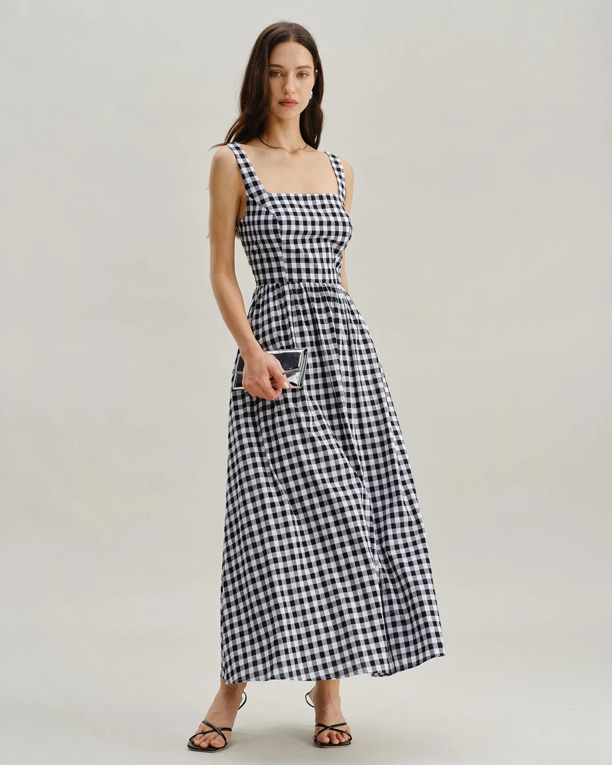 Black Plaid Square Neck Pocket Slip Maxi Dress sold by rihoas product image thumbnail 3