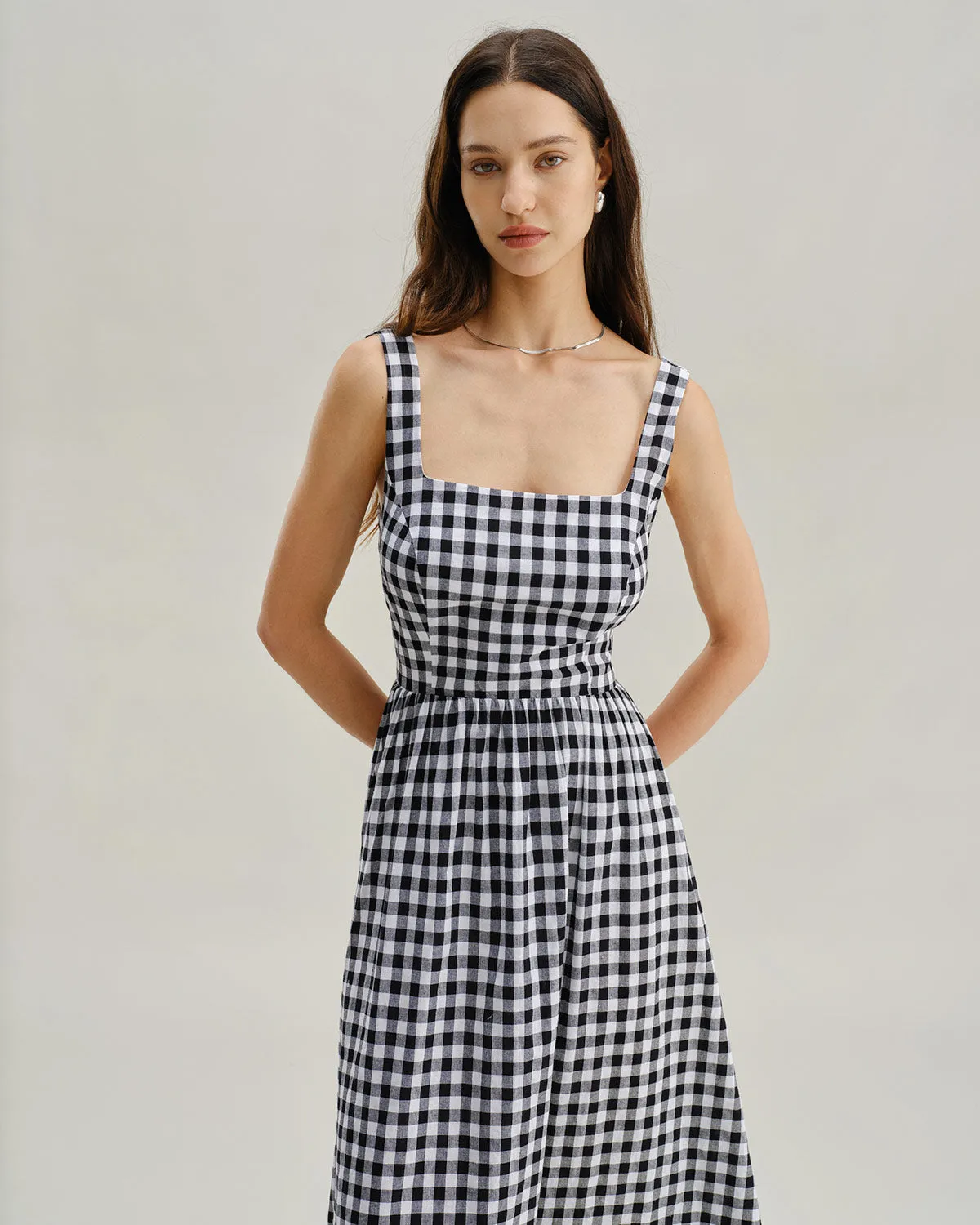 Black Plaid Square Neck Pocket Slip Maxi Dress sold by rihoas product image thumbnail 2