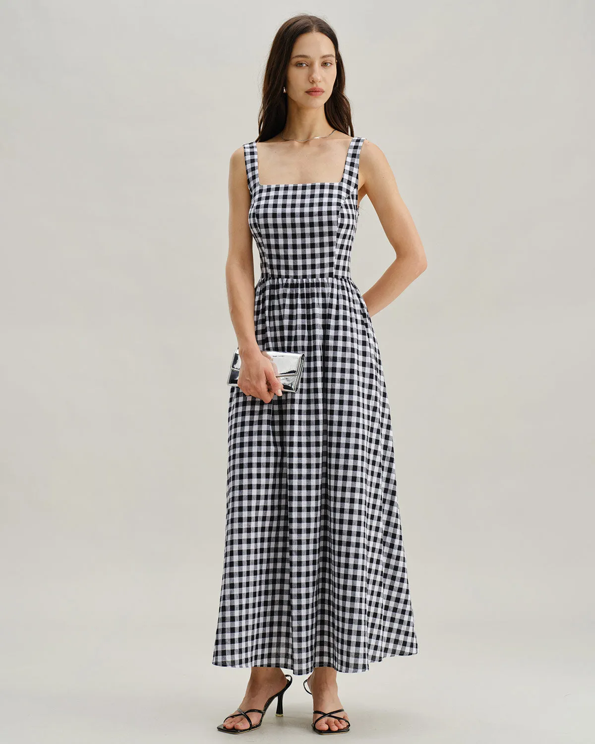 Black Plaid Square Neck Pocket Slip Maxi Dress sold by rihoas