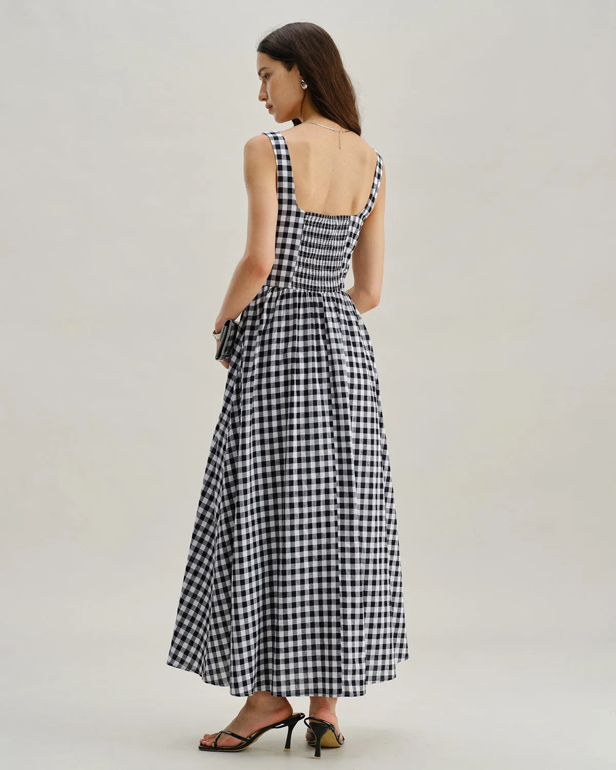 Black Plaid Square Neck Pocket Slip Maxi Dress sold by rihoas product image thumbnail 5