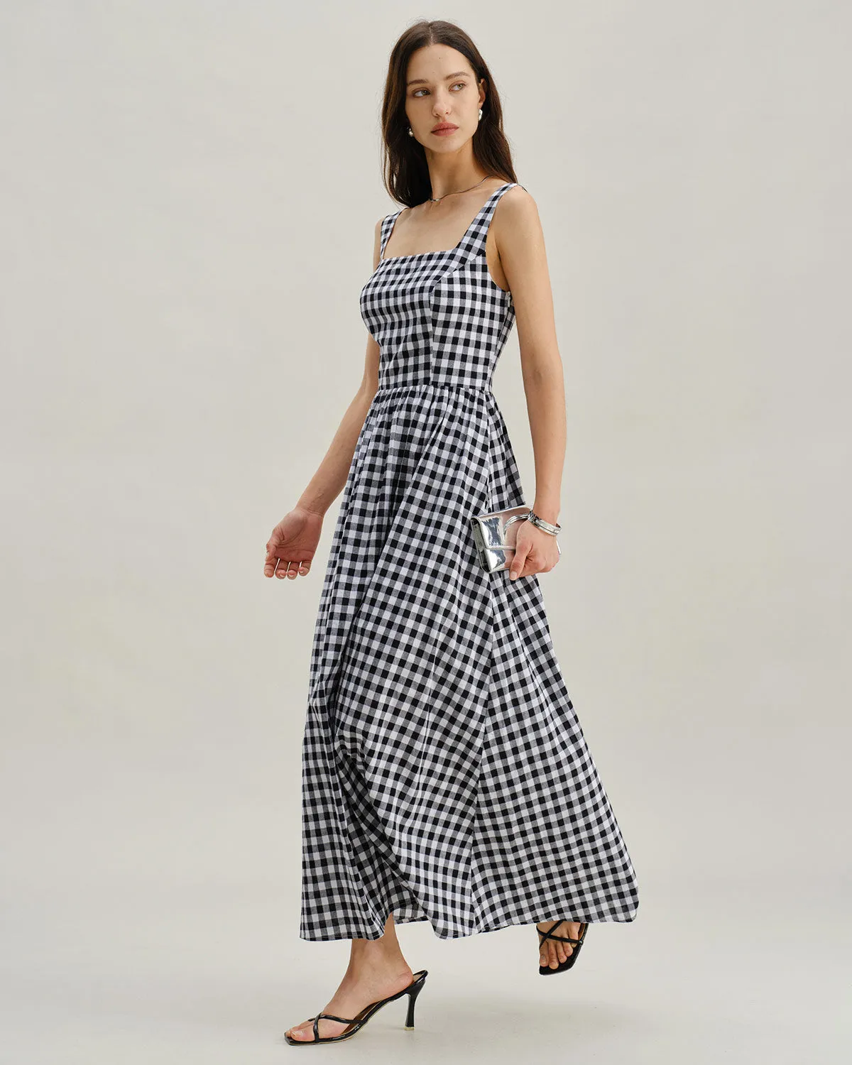 Black Plaid Square Neck Pocket Slip Maxi Dress sold by rihoas product image thumbnail 4