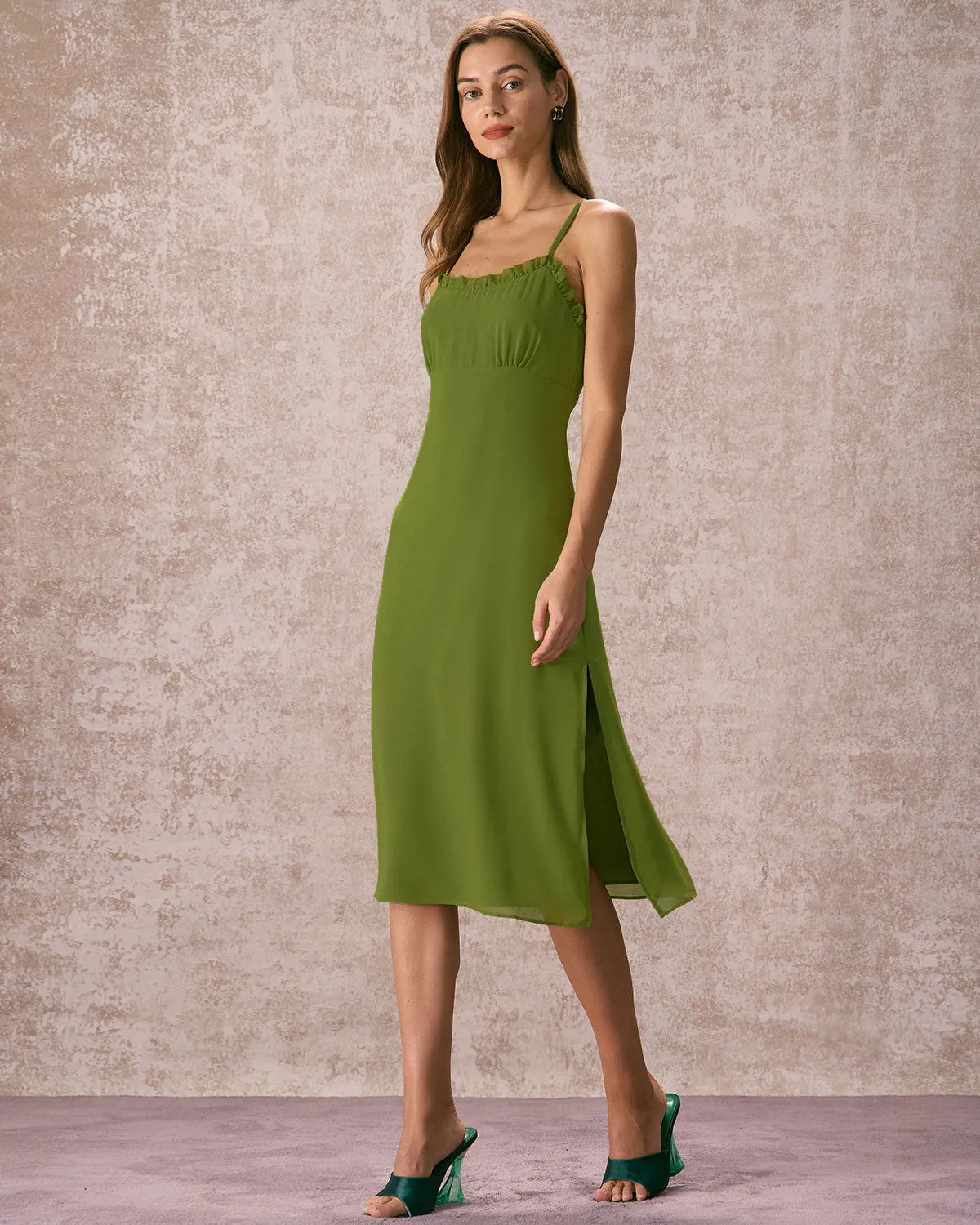 The Green Frill Trim Side Split Midi Dress sold by rihoas product image thumbnail 3