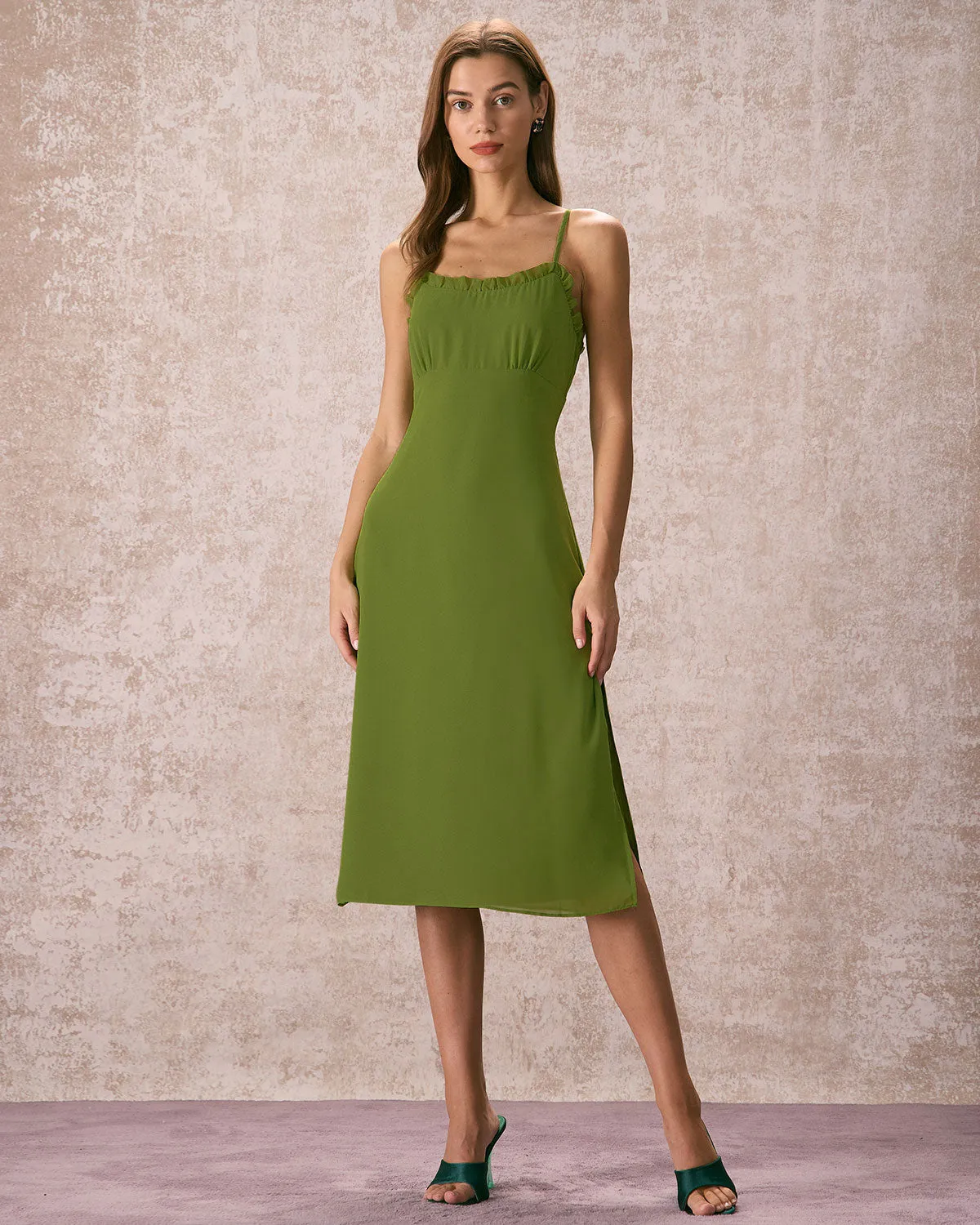 The Green Frill Trim Side Split Midi Dress sold by rihoas product image thumbnail 4