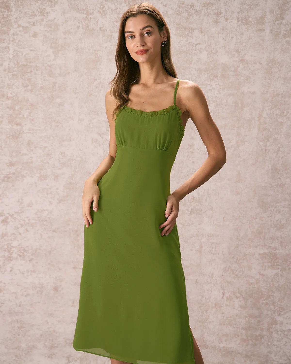 The Green Frill Trim Side Split Midi Dress sold by rihoas