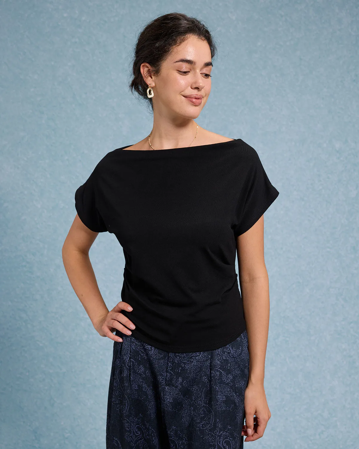 Black Cowl Sleeve Off The Shoulder Tee sold by rihoas