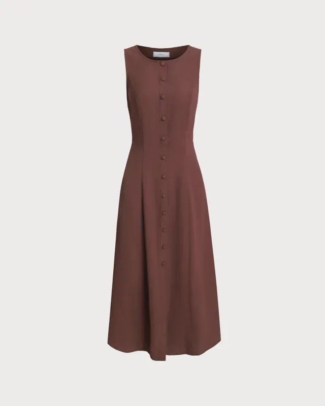 Brown Round Neck Button Sleeveless Maxi Dress sold by rihoas