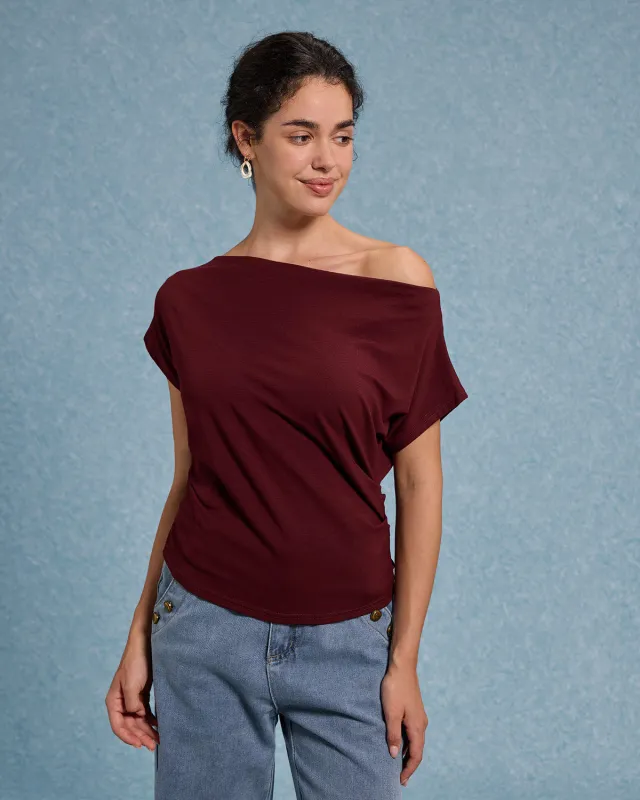 Red Cowl Sleeve Off The Shoulder Tee sold by rihoas