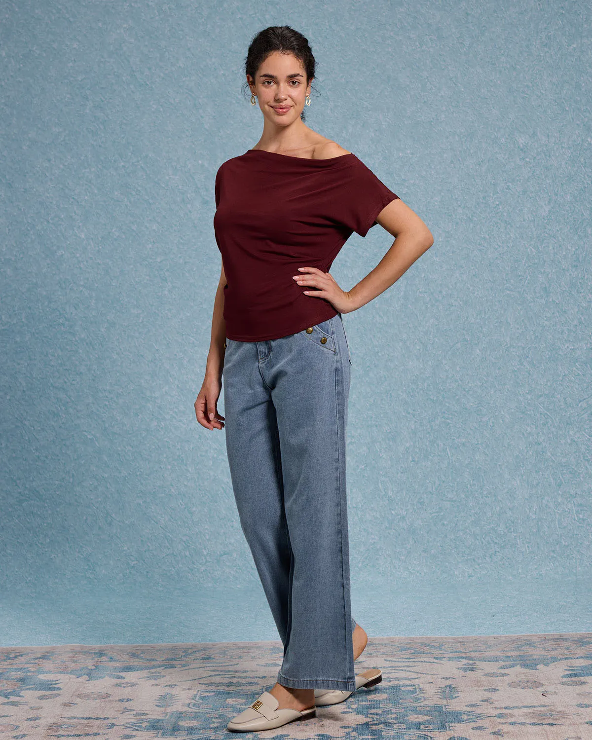 Red Cowl Sleeve Off The Shoulder Tee sold by rihoas product image thumbnail 3