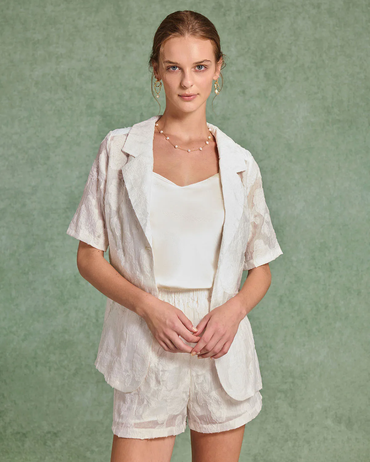 Beige Jacquard Blouse Shorts Two-Piece Set sold by rihoas