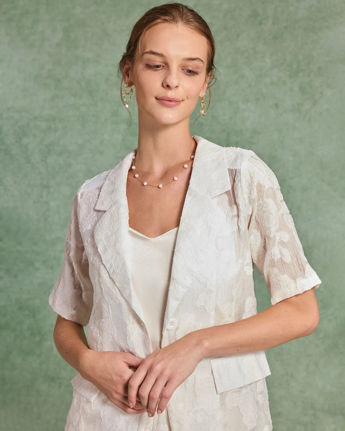 Beige Jacquard Blouse Shorts Two-Piece Set sold by rihoas product image thumbnail 2