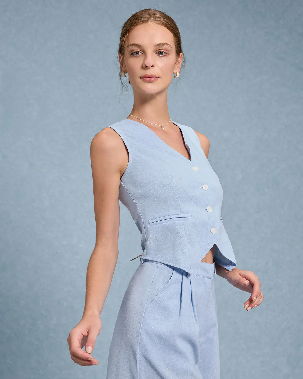 Blue V-Neck Vest Shorts Two-Piece Set sold by rihoas product image thumbnail 2