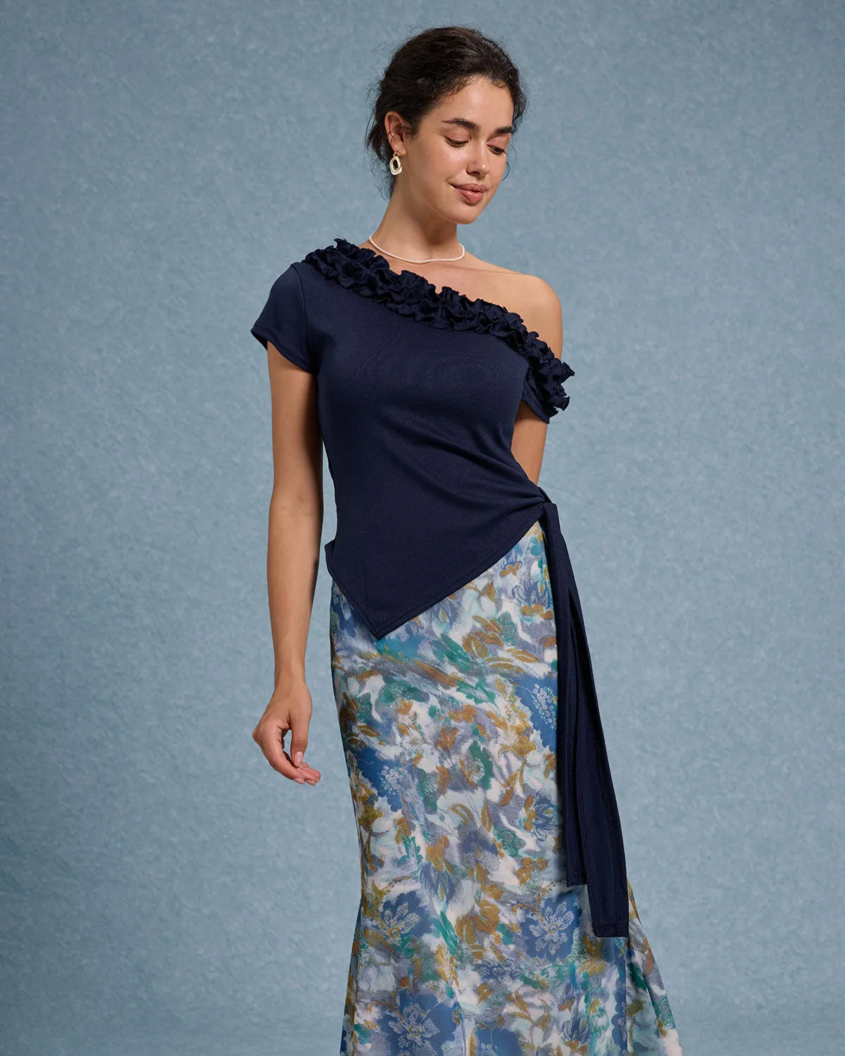 Blue Ruffle Off The Shoulder Tee sold by rihoas