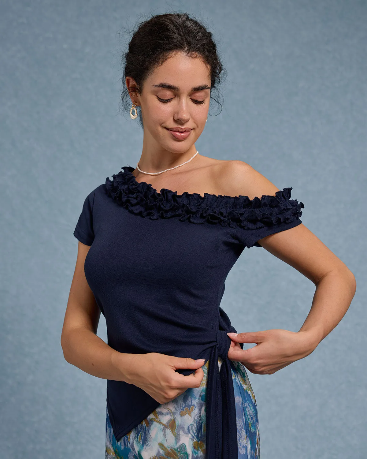 Blue Ruffle Off The Shoulder Tee sold by rihoas product image thumbnail 2