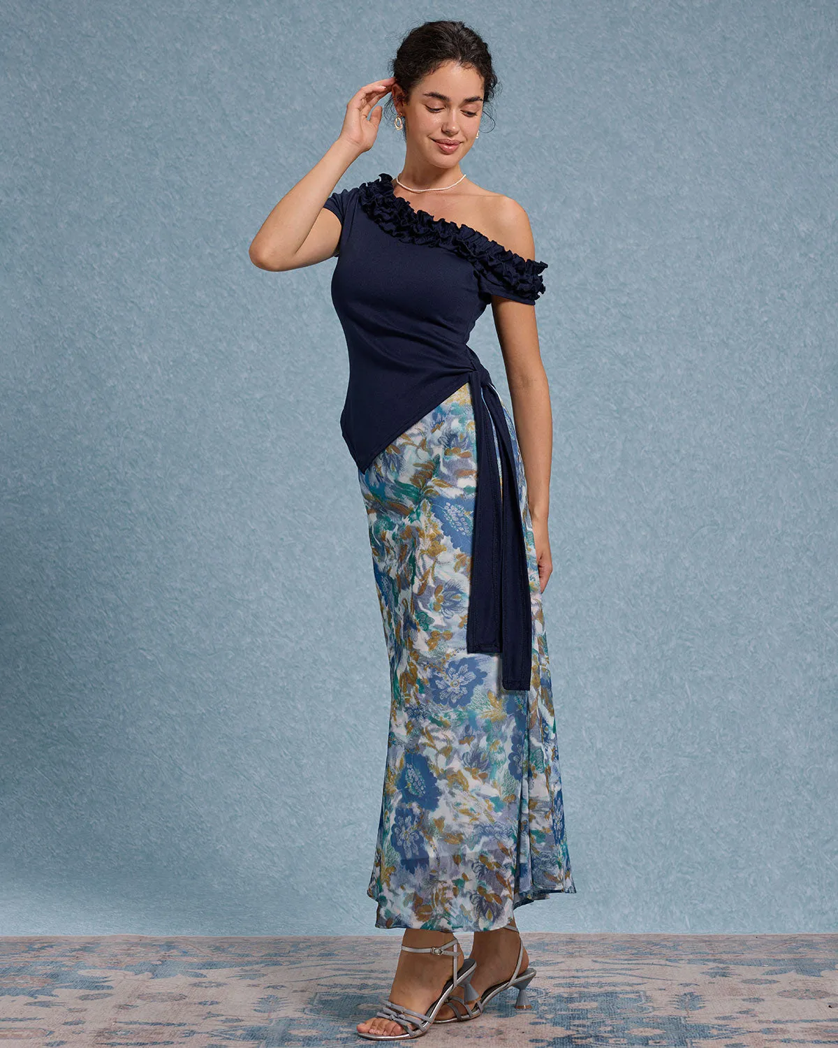 Blue Ruffle Off The Shoulder Tee sold by rihoas product image thumbnail 4