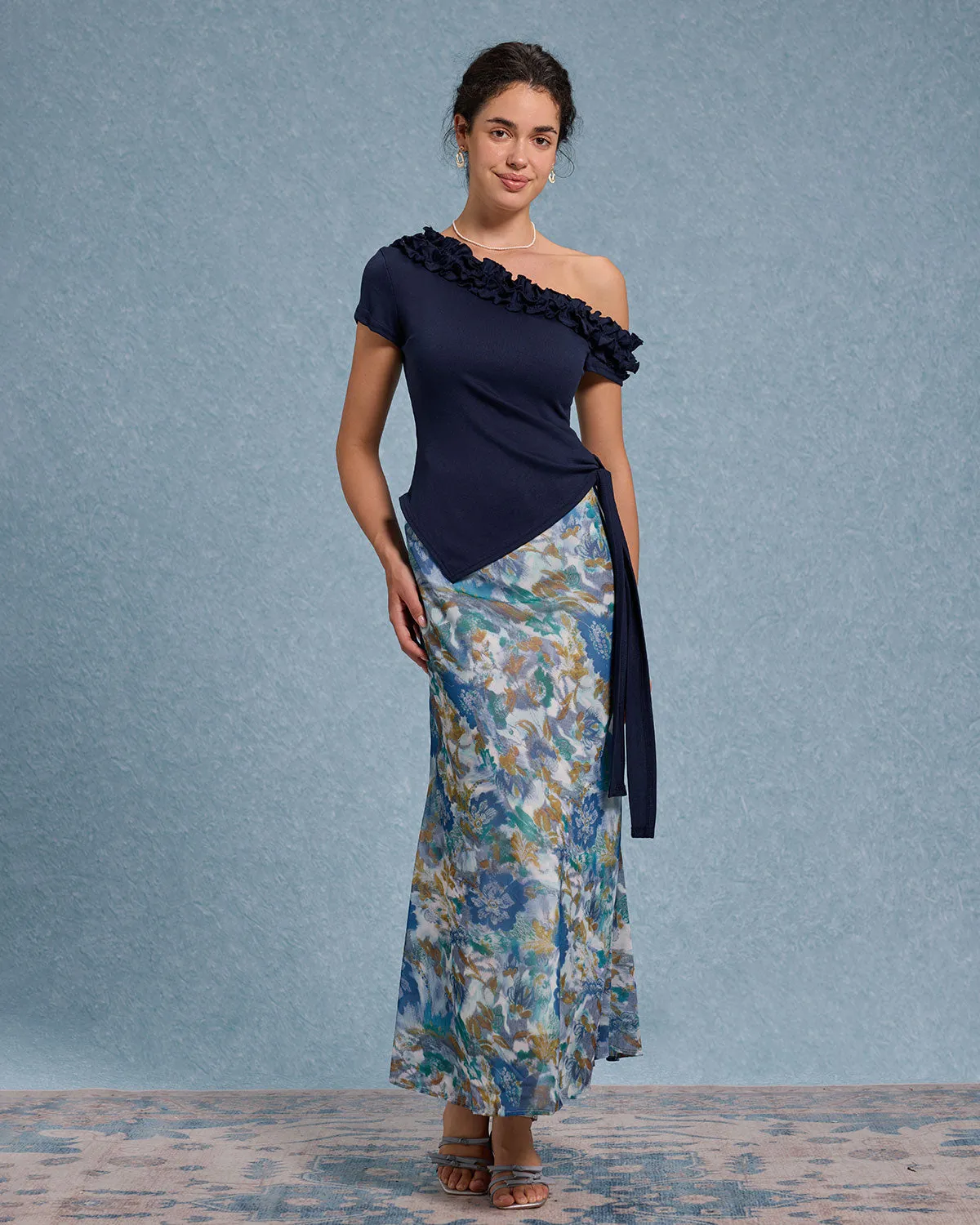 Blue Ruffle Off The Shoulder Tee sold by rihoas product image thumbnail 3