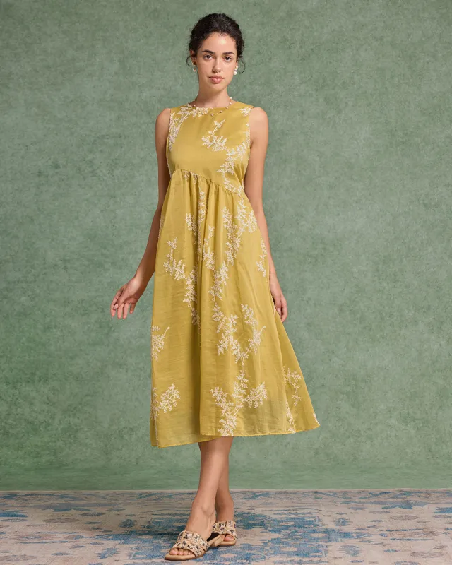 Yellow Floral Round Neck Sleeveless Midi Dress sold by rihoas