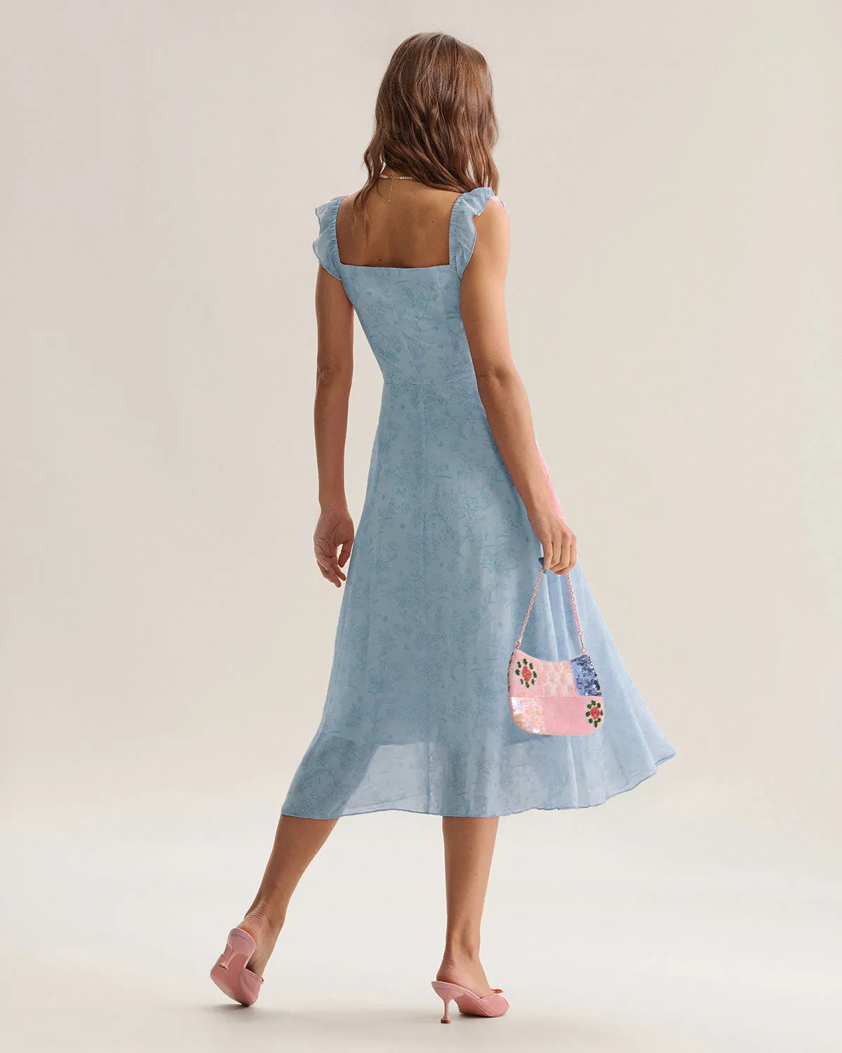 Blue Square Neck Ruffle Midi Dress sold by rihoas product image thumbnail 5