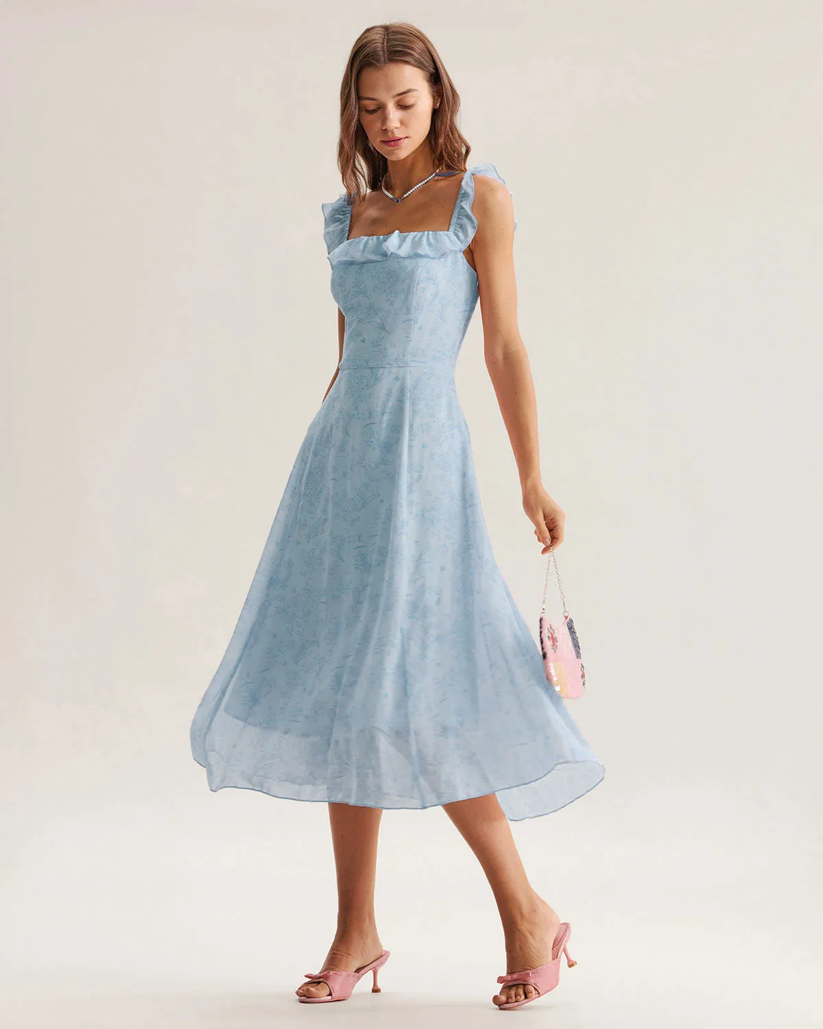 Blue Square Neck Ruffle Midi Dress sold by rihoas product image thumbnail 4