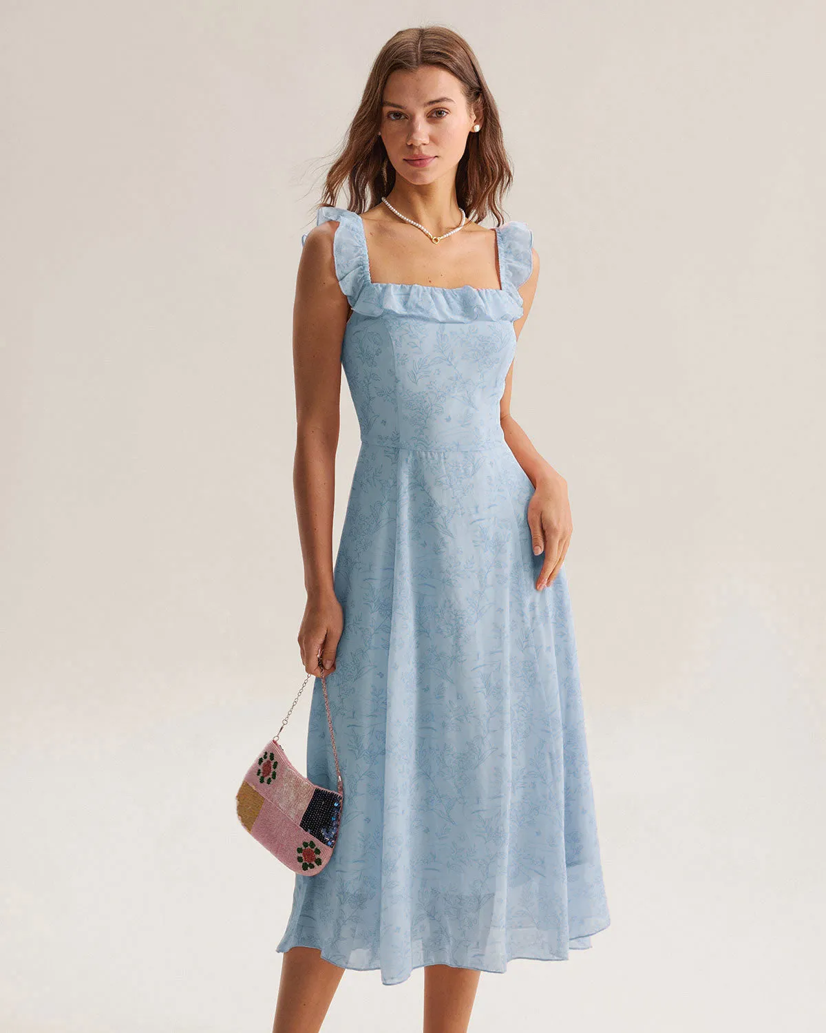 Blue Square Neck Ruffle Midi Dress sold by rihoas