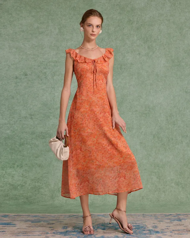 Orange Floral Ruffle Sleeveless Maxi Dress sold by rihoas