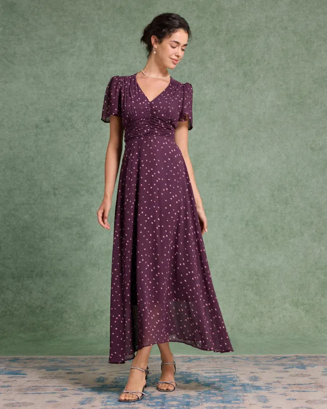 Purple Polka Dot V Neck Maxi Dress sold by rihoas